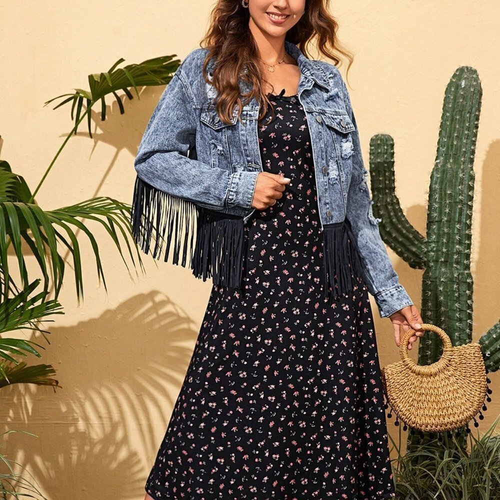 Multicolor Casual Womens Fringe Trim Denim Jacket